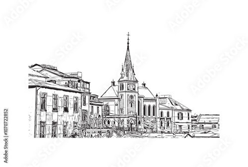 Obraz na płótnie Print Building view with landmark of Valparaiso is a city in United States. Watercolor splash with hand drawn sketch illustration in vector. w salonie