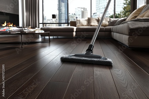 Wallpaper Mural A modern living room with a vacuum cleaner on dark wooden flooring, showcasing a clean and organized space. Torontodigital.ca