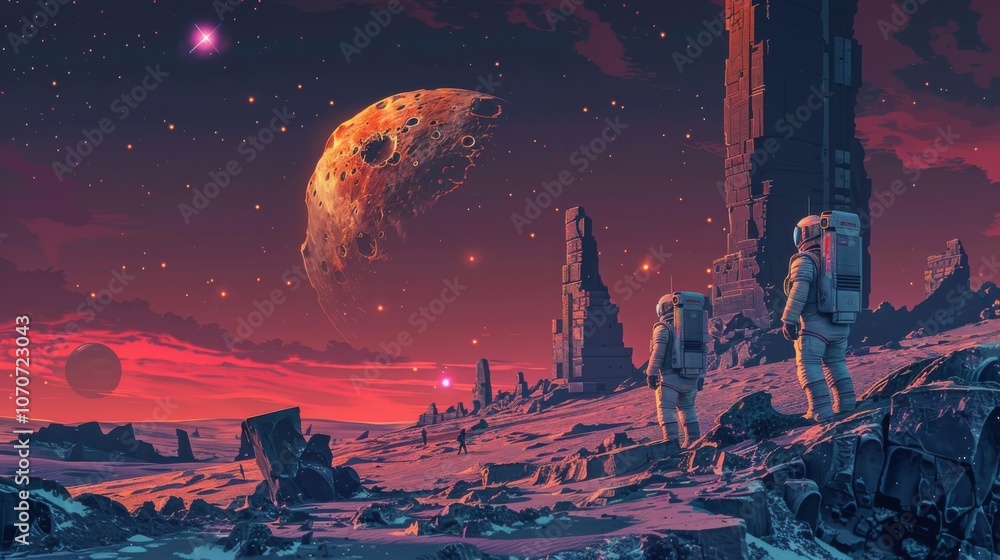 Children in space suits exploring an abandoned space station, encountering mysterious artifacts and holographic recordings in vector art Children in space suits exploring an abandoned space station, encountering mysterious artifacts and holographic recordings in vector art