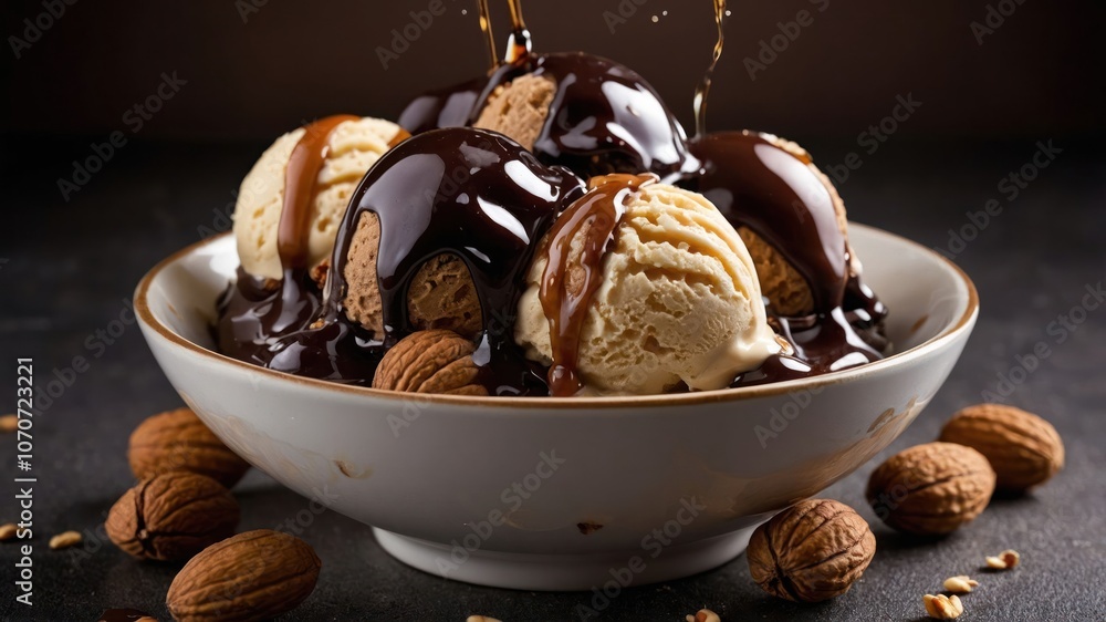 A delicious bowl of ice cream topped with chocolate sauce and almonds. A delicious bowl of ice cream topped with chocolate sauce and almonds.