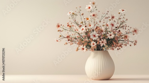 3D render of a delicate flower vase with pastel blooms, set against a pale background, capturing soft and serene tones