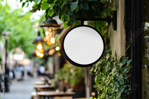 Blank white circle hanging sign mockup on the side of an outdoor cafe, round frame,