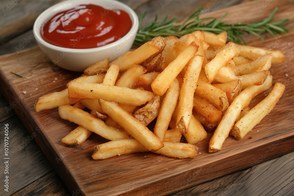 Crispy golden French fries served with a side of ketchup on a wooden board with a sprig of rosemary in a rustic setting. Generative AI Crispy golden French fries served with a side of ketchup on a wooden board with a sprig of rosemary in a rustic setting. Generative AI