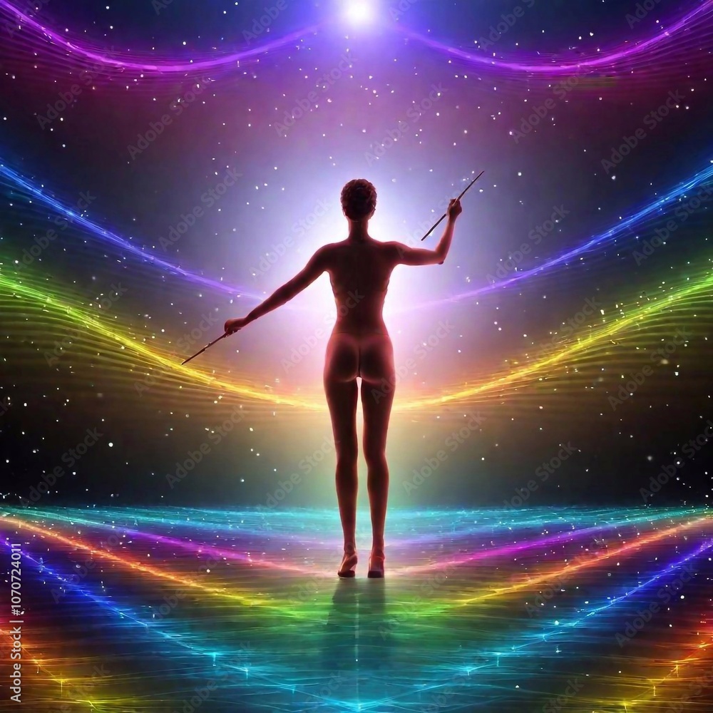 Naklejka premium an ethereal figure, composed of shimmering sound waves and holding a conductor's baton, leading an orchestra of fantastical creatures playing classical instruments, (sound made visible:1.7), (symphony