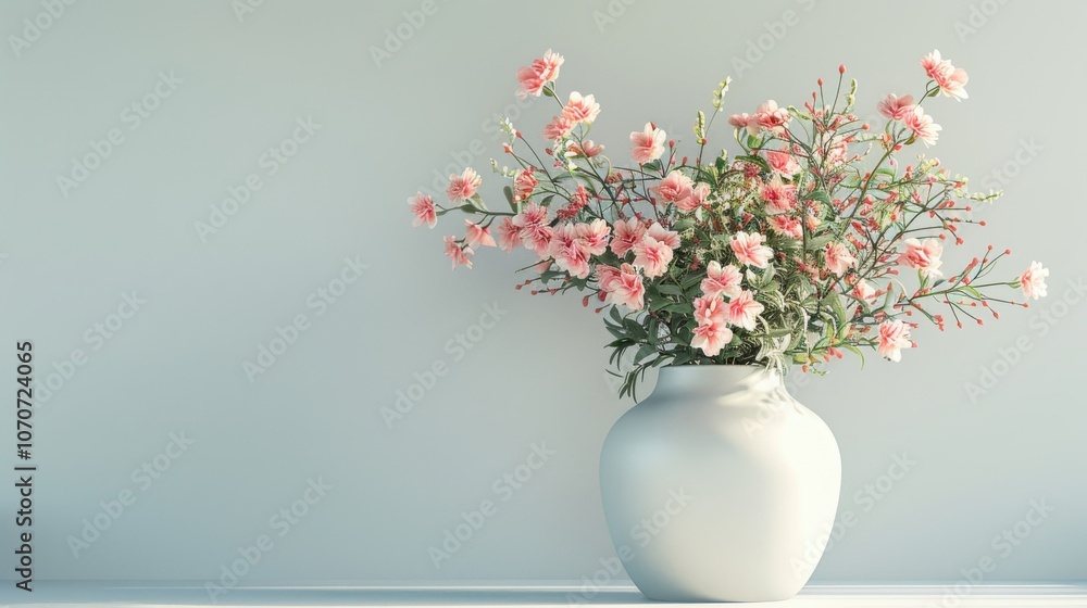 3D render of a delicate flower vase with pastel blooms, set against a pale background, capturing soft and serene tones 3D render of a delicate flower vase with pastel blooms, set against a pale background, capturing soft and serene tones