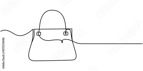 Elegant fashion woman leather handbag in sketch style Continuous One Line Drawing, Bag, Shopping bag in continuous line art drawing style. Paper package black linear sketch isolated on white.