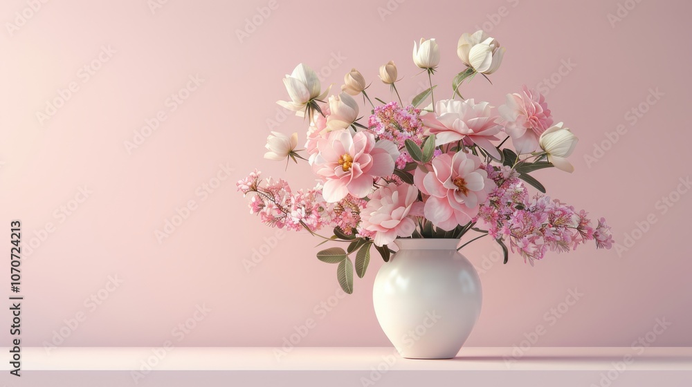 3D render of a delicate flower vase with pastel blooms, set against a pale background, capturing soft and serene tones 3D render of a delicate flower vase with pastel blooms, set against a pale background, capturing soft and serene tones