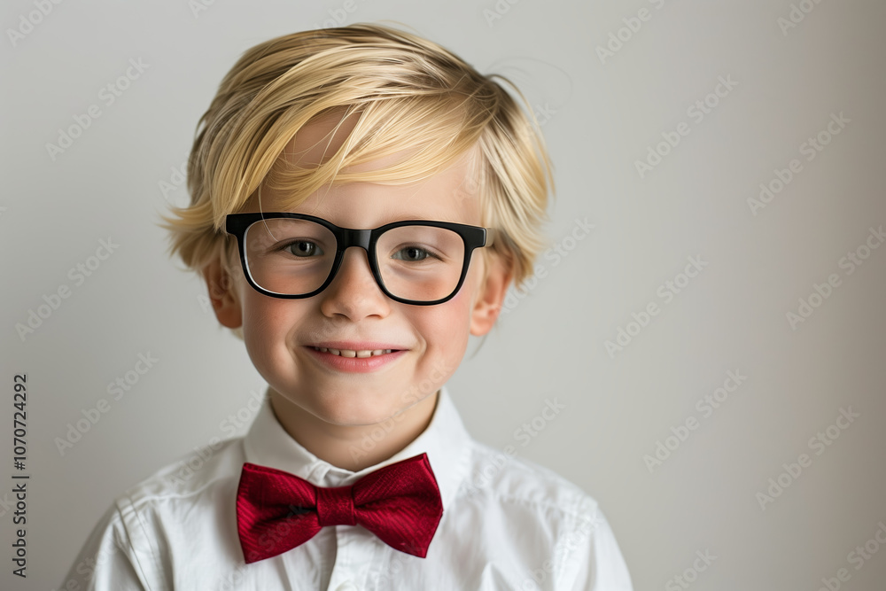 Happy blonde boy wearing a white shirt, red bow tie and thick black glasses.