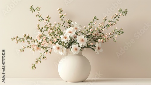 3D render of a delicate flower vase with pastel blooms, set against a pale background, capturing soft and serene tones