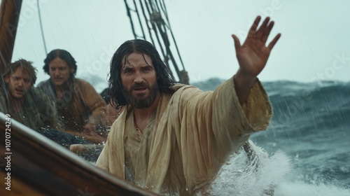 Jesus Christ on a small fishing boat taming the waters that have large waves and it is raining, with his one hand raised. photo