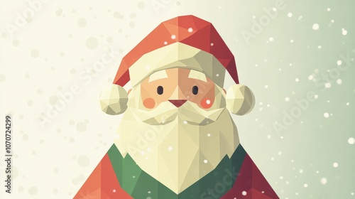 geometric Santa Claus with clean lines and a limited color palette of red green and gold set against a subtle snowy gradient