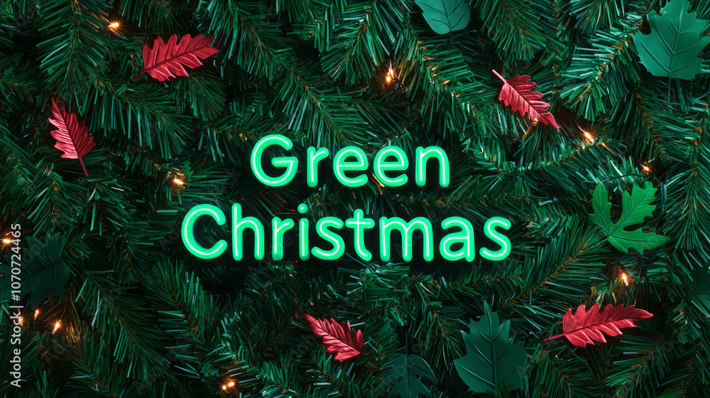 Green Christmas Neon Sign on Green Garland Green Christmas Neon Sign on Green Garland