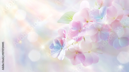 Delicate pink hydrangea flowers with soft bokeh light background