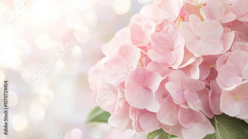 Pink Hydrangea flowers background with soft lighting, copy space