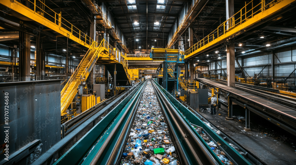 Recycling plant with conveyor belts and sorting stations, workers ensuring that materials are properly separated for reuse Recycling plant with conveyor belts and sorting stations, workers ensuring that materials are properly separated for reuse