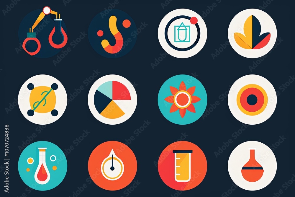 Colorful icons representing science, research, and nature displayed against a dark background in a creative arrangement. Generative AI Colorful icons representing science, research, and nature displayed against a dark background in a creative arrangement. Generative AI