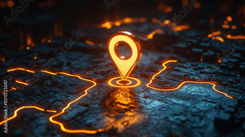 glowing location pin on an interactive digital map, symbolizing precision, connectivity, and navigation in modern technology. The vibrant display highlights data-driven exploration and spatial awarene