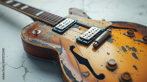 Digital rendering of a guitar with soft pastel colors, placed against a pale background, showcasing elegant design for music and audio themes photo