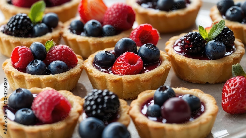 A close-up of mini fruit tarts topped with berries and mint leaves. A close-up of mini fruit tarts topped with berries and mint leaves.