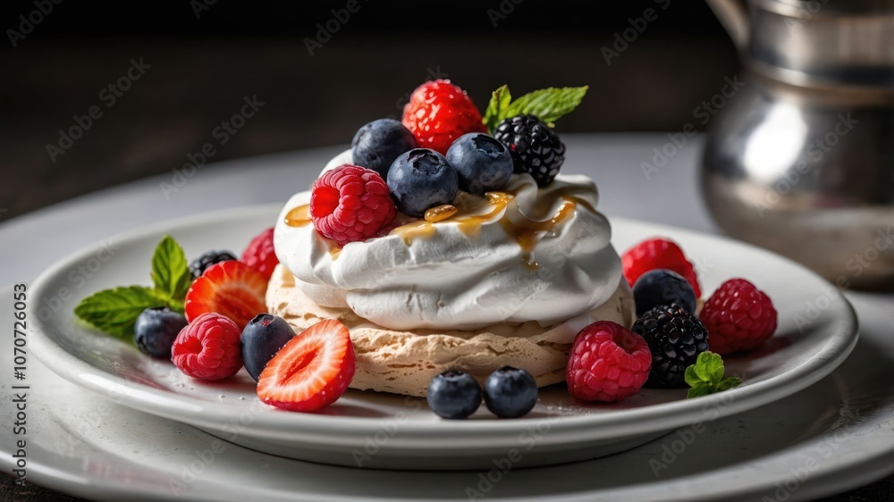 A delicious pavlova topped with fresh berries and mint leaves, drizzled with syrup. A delicious pavlova topped with fresh berries and mint leaves, drizzled with syrup.