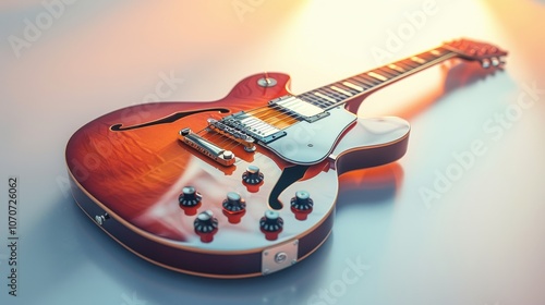 Digital rendering of a guitar with soft pastel colors, placed against a pale background, showcasing elegant design for music and audio themes photo