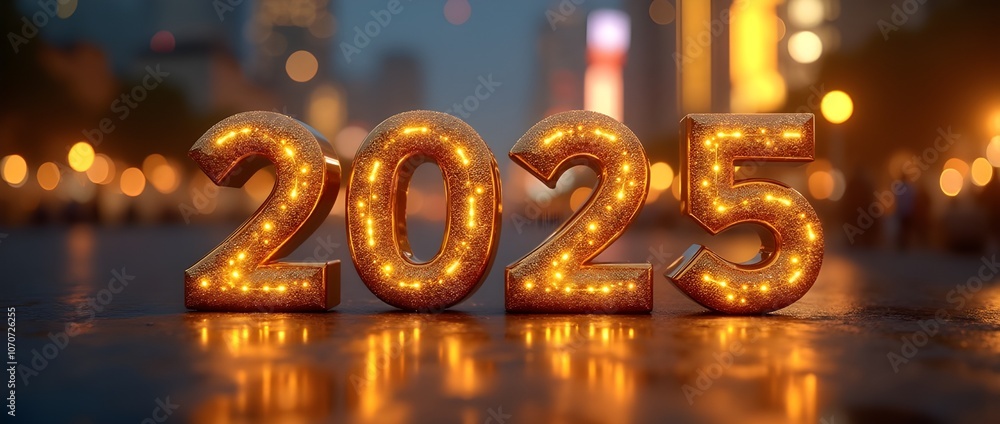 Golden New Year 2025, Luxurious 3D rendered image of 2025 shining and reflected on a dark. Golden New Year 2025, Luxurious 3D rendered image of 2025 shining and reflected on a dark.