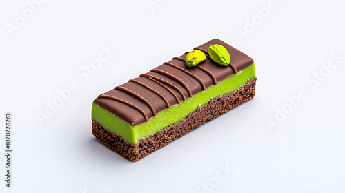 Dubai chocolate. Chocolate bar with green pistachio pasta and crunchy kadayif isolated on white background. photo