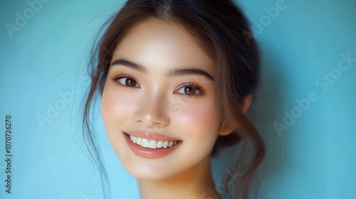 A young, glowing Thai woman with natural makeup, smiling brightly with brown eyes, framed by a soft blue background, ideal for skincare or cosmetic messaging.