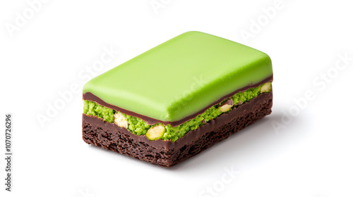 Dubai chocolate. Chocolate bar with green pistachio pasta and crunchy kadayif isolated on white background. photo