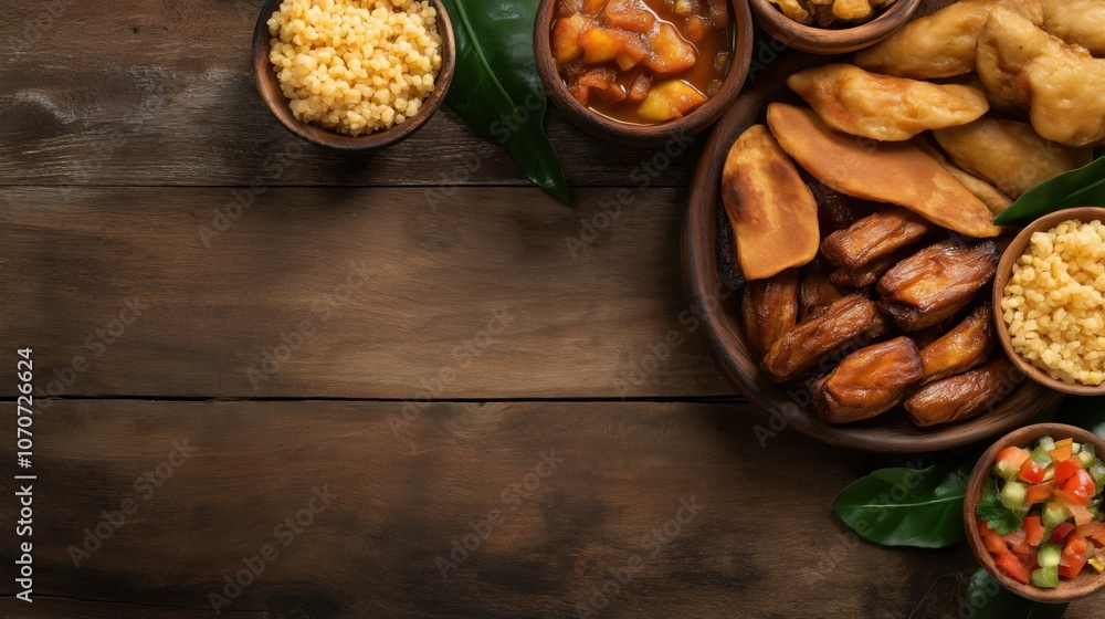 Cuban family celebration with traditional cuisine on rustic wooden table Cuban family celebration with traditional cuisine on rustic wooden table