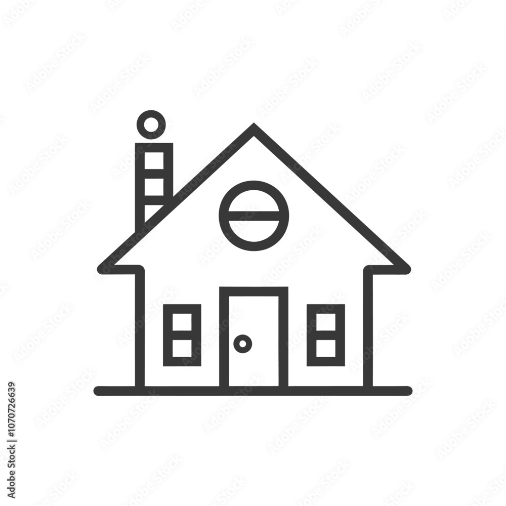 Simple Line Drawing of a House with a Chimney Windows and a Door