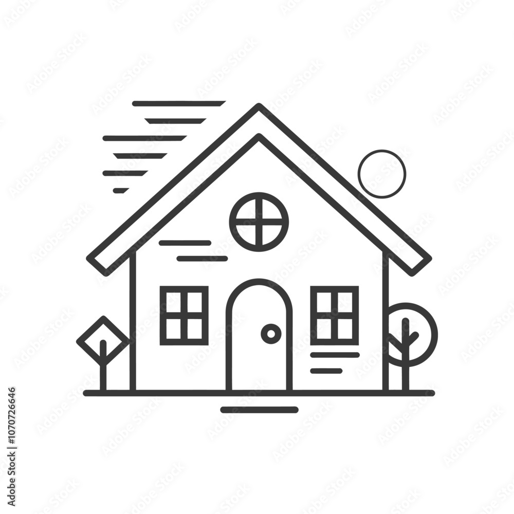 Simple Line Drawing of a House with a Door Windows and Trees Simple Line Drawing of a House with a Door Windows and Trees