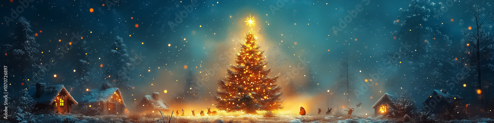 Enchanting winter night with a glowing Christmas tree and cozy houses, ideal for festive wall art, posters, and holiday decorations, capturing the essence of Christmas spirit. Enchanting winter night with a glowing Christmas tree and cozy houses, ideal for festive wall art, posters, and holiday decorations, capturing the essence of Christmas spirit.