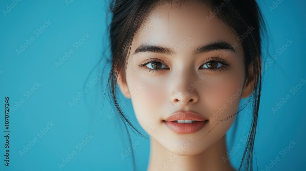 A young Thai beauty with smooth skin and an effortless smile, looking confident against a solid blue backdrop, perfect for beauty and cosmetic brand promotions. A young Thai beauty with smooth skin and an effortless smile, looking confident against a solid blue backdrop, perfect for beauty and cosmetic brand promotions.