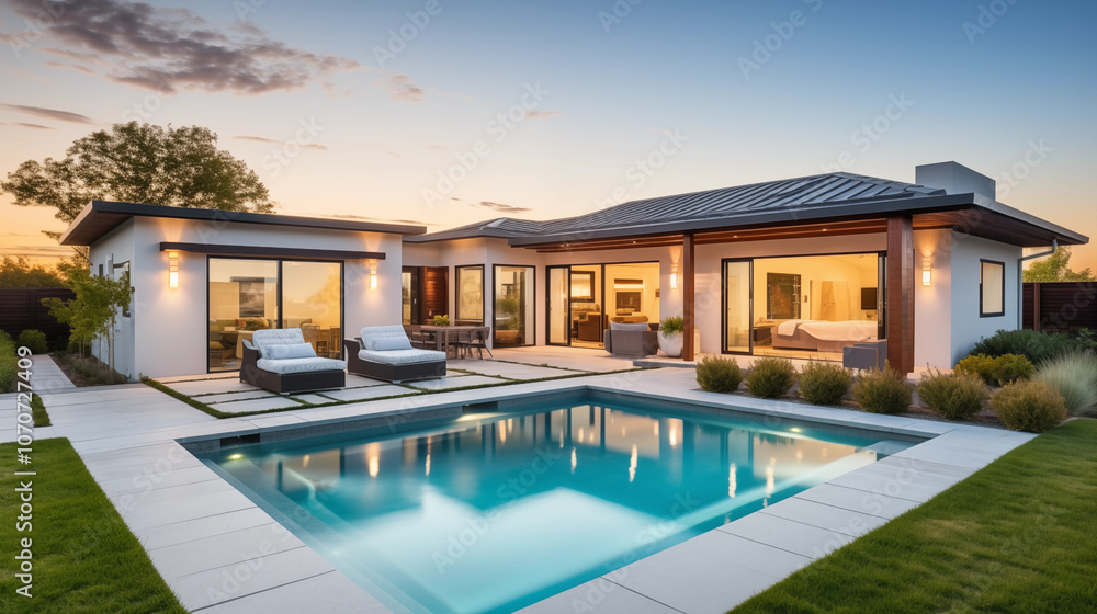 Fototapeta premium Newly Built Beautiful House With a Swimming Pool at Sunset or Sunrise