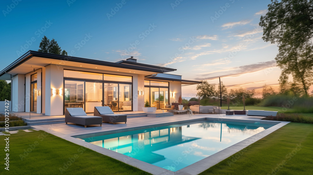 Fototapeta premium Newly Built Beautiful House With a Swimming Pool at Sunset or Sunrise