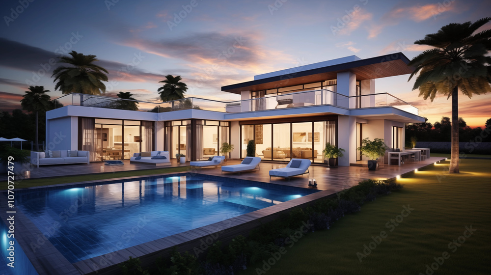 Fototapeta premium Newly Built Beautiful House With a Swimming Pool at Sunset or Sunrise