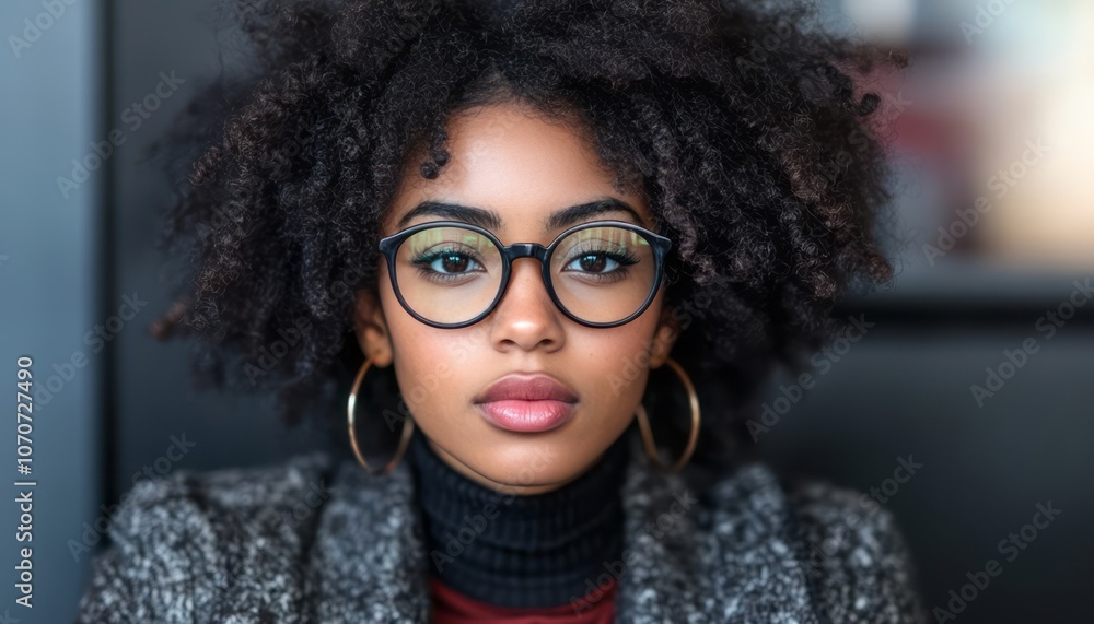 A young woman with natural curly hair and glasses poses thoughtfully in a cozy indoor setting