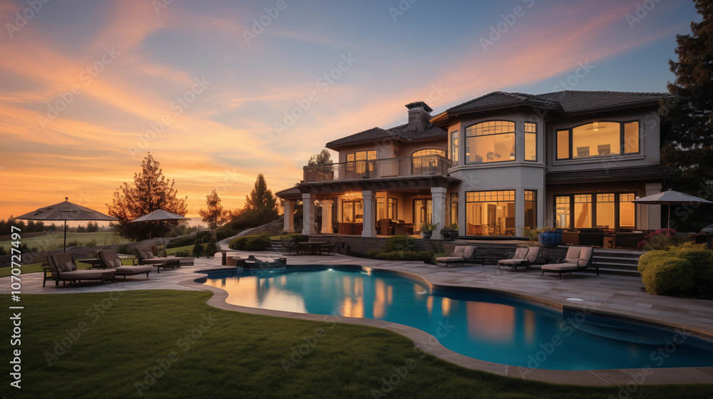 Fototapeta premium Newly Built Beautiful House With a Swimming Pool at Sunset or Sunrise