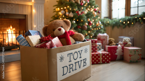 Cardboard box filled with presents and plush bear in cozy holiday setting for a holiday toy drive