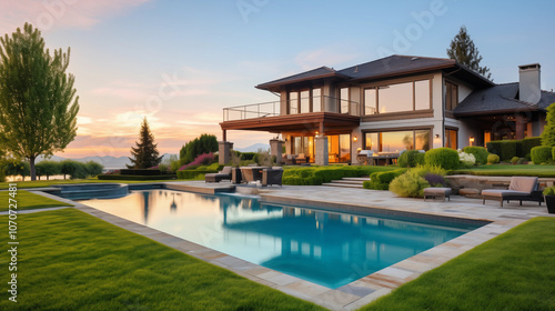 Newly Built Beautiful House With a Swimming Pool at Sunset or Sunrise