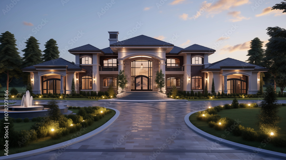 Fototapeta premium Newly Built Beautiful House At Sunset With a Large Roundabout Driveway
