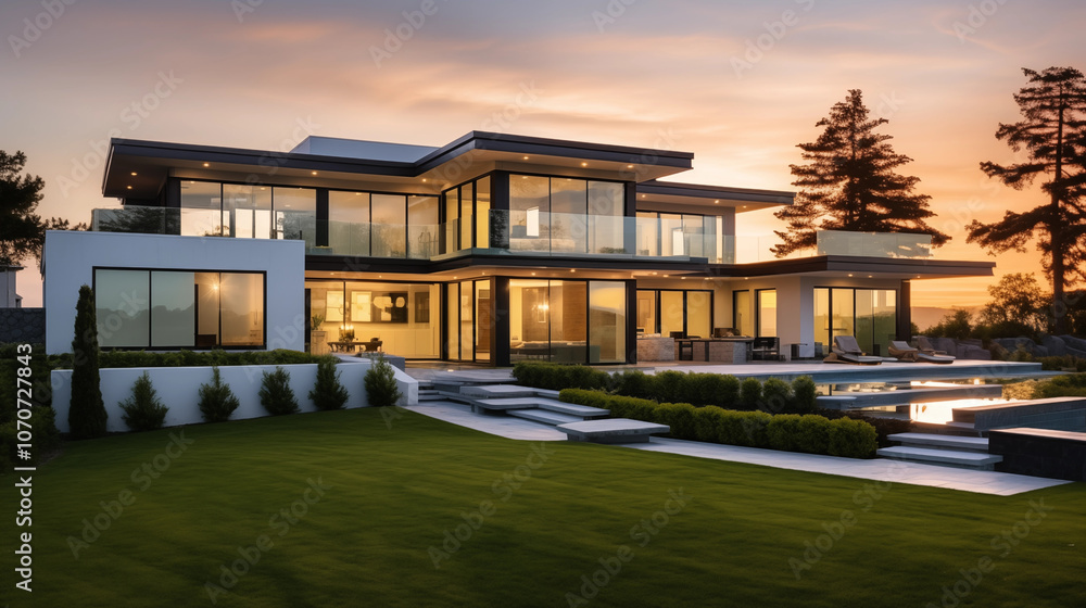 Newly Built Beautiful House At Sunset Newly Built Beautiful House At Sunset