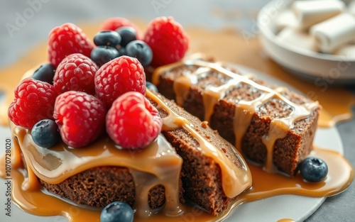 A chocolate cake topped with raspberries and blueberries, drizzled with caramel sauce photo