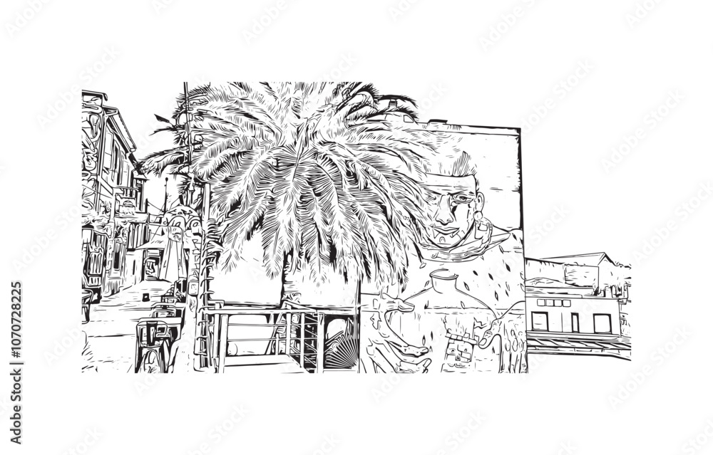Print Building view with landmark of Valparaiso is a city in United States. Watercolor splash with hand drawn sketch illustration in vector.
