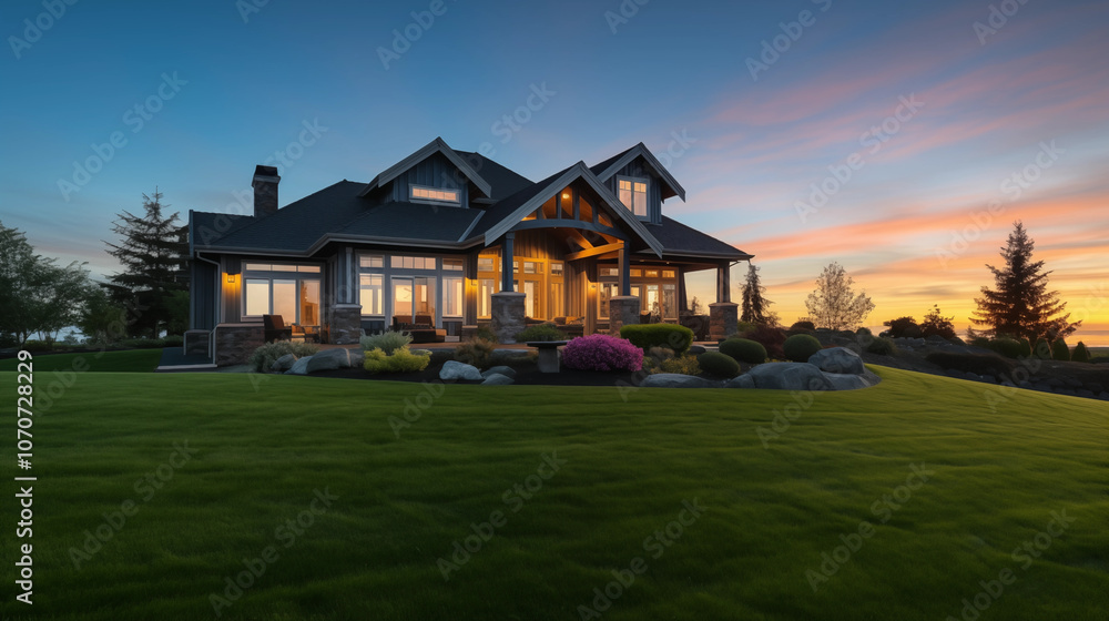 Newly Built Beautiful House At Sunset Newly Built Beautiful House At Sunset