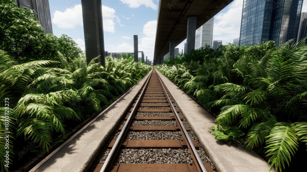 Fototapeta premium Panoramic View of a Future City with Elevated Rail Lines