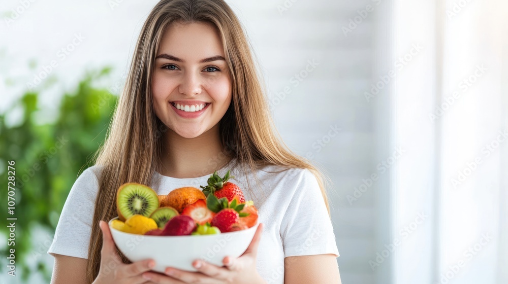 Smiling Woman Holding a Bowl of Fruit Smiling Woman Holding a Bowl of Fruit