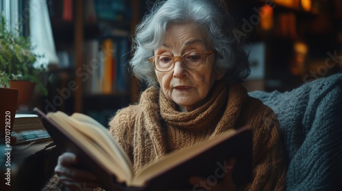 A senior woman wearing glasses is deeply focused on reading a large book in a warm, inviting living room filled with sunlight. She sits comfortably in a cozy sweater.