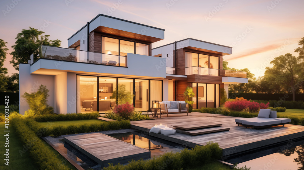 Newly Built Beautiful House At Sunset Newly Built Beautiful House At Sunset